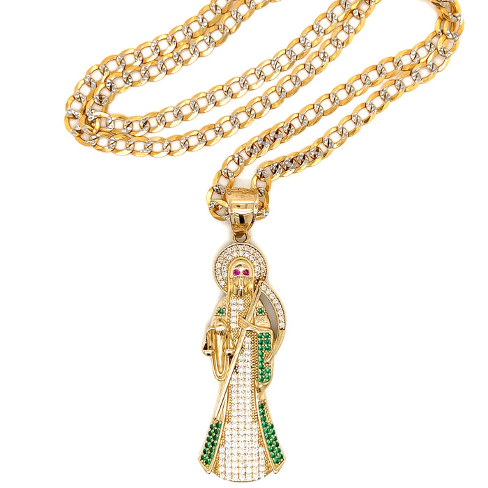 14k Gold Santa Muerte with White and Green Gemstones and Cuban Link Chain