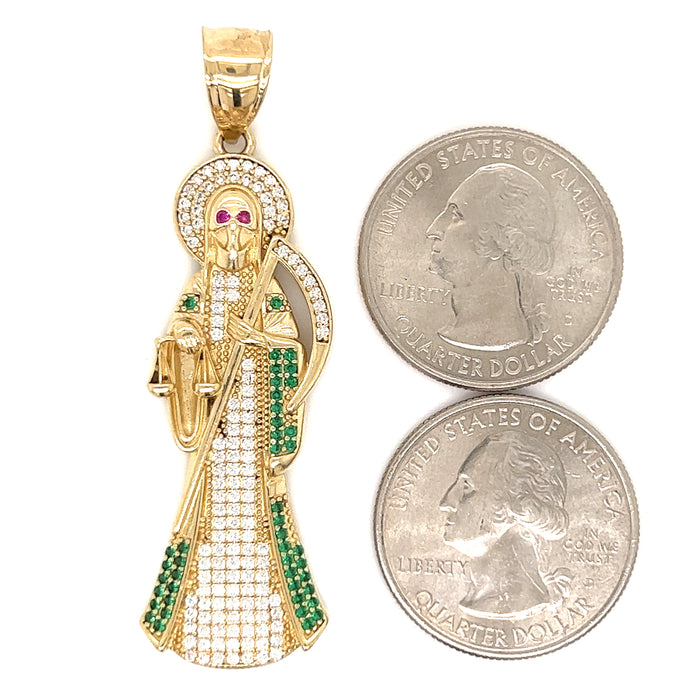 14k Gold Santa Muerte with White and Green Gemstones and Cuban Link Chain