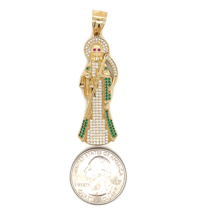 14k Gold Santa Muerte with White and Green Gemstones and Cuban Link Chain