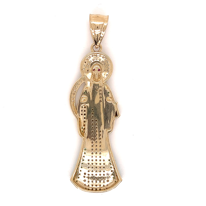 14k Gold Santa Muerte with White and Green Gemstones and Cuban Link Chain