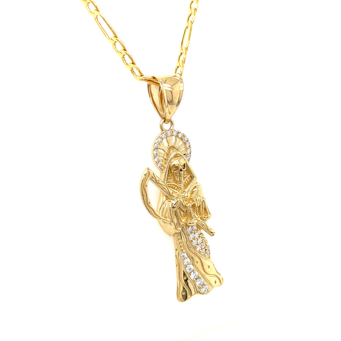 14k Gold Gemstone Halo Santa Muerte Pendant with Figaro Chain