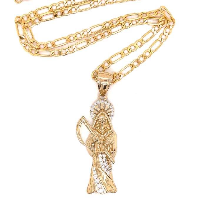14k Gold Gemstone Halo Santa Muerte Pendant with Figaro Chain
