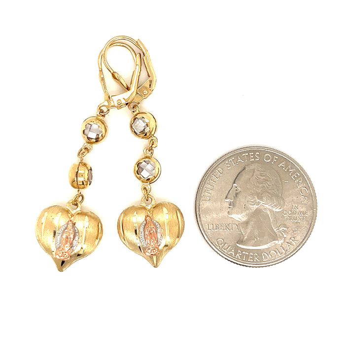 14k Virgin Mary Dangling Heart Shaped Earrings