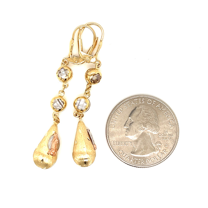14k Virgin Mary Teardrop Dangling Earrings with Diamond Cut Finish