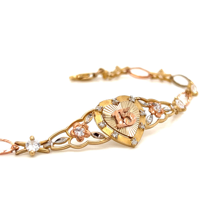 14k Gold 15 Quince Heart Bracelet with Gemstone Flowers Links