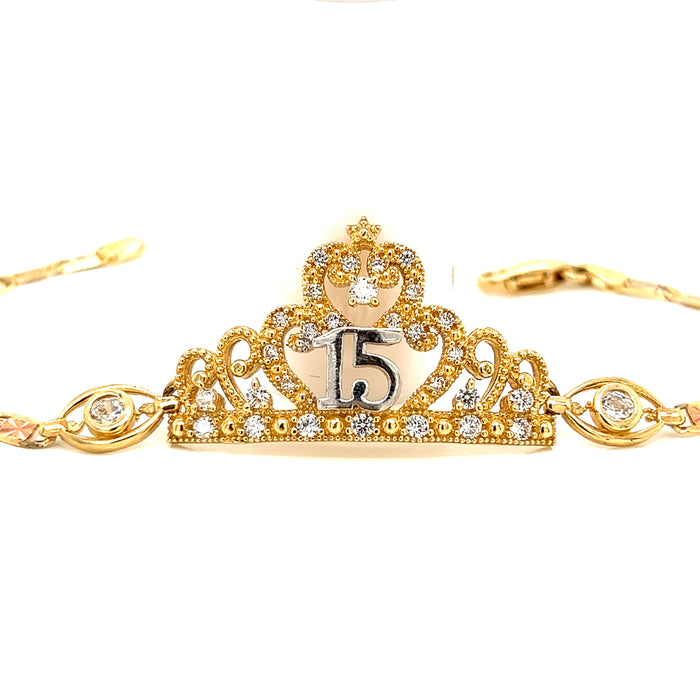 14k Gold 15 Quince Gemstone Crown Bracelet with Valentino Style Links