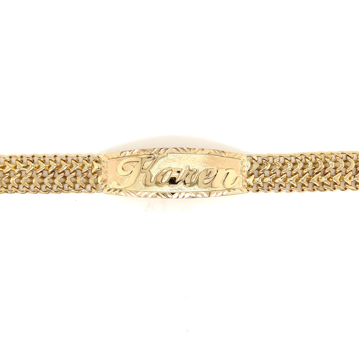 14k Womens Gold Petatillo ID Bracelet with Gold Name Overlay