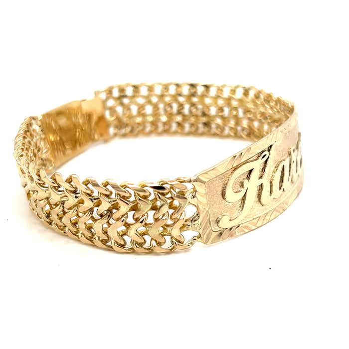 14k Womens Gold Petatillo ID Bracelet with Gold Name Overlay