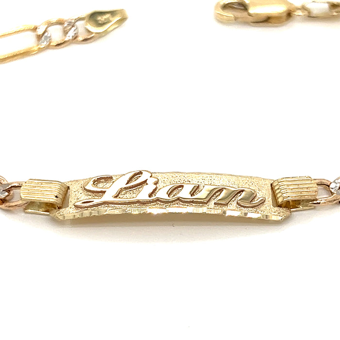 14k Kids Gold ID Bracelet with Gold Name Overlay and Wide Figaro