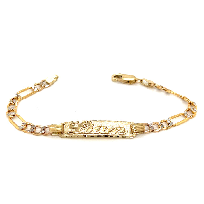 14k Kids Gold ID Bracelet with Gold Name Overlay and Wide Figaro Pavé Chain