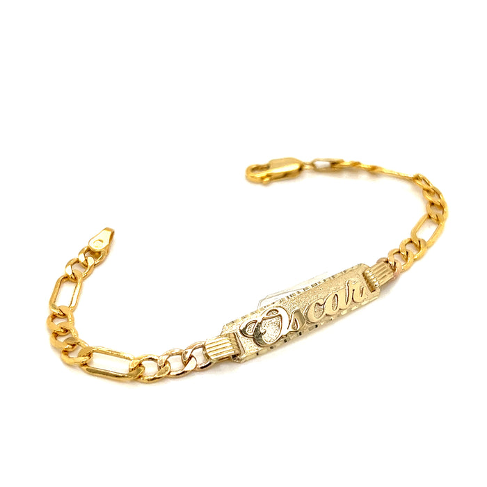 14k Kids Gold ID Bracelet with Gold Name Overlay and Wide Figaro Chain —  MyAZGold