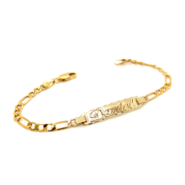 14k Kids Gold ID Bracelet with Gold Name Overlay and Figaro Chain