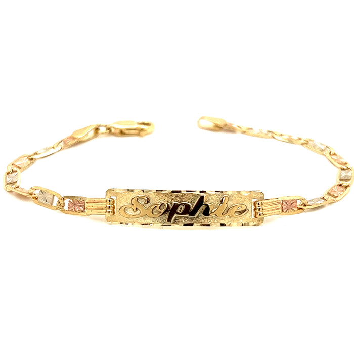 14k Kids Gold ID Bracelet with Gold Name Overlay and Wide Tri Tone Valentino Chain