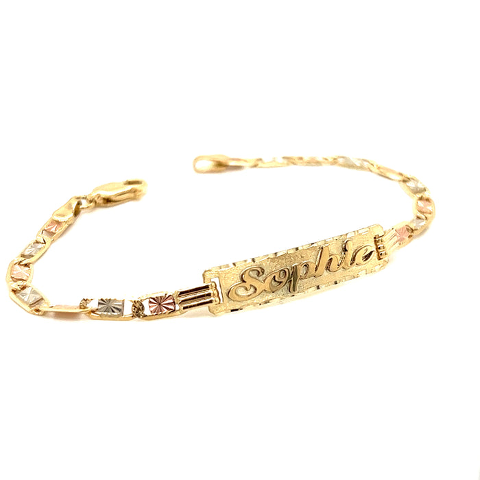 14k Kids Gold ID Bracelet with Gold Name Overlay and Wide Tri Tone Valentino Chain