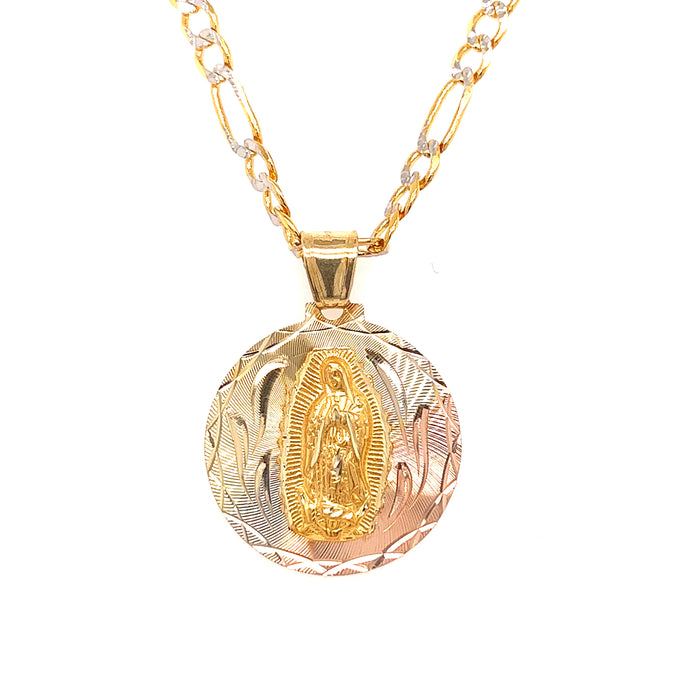 14k TriColor Large Virgin Mary Pendant with Pavé Figaro Chain