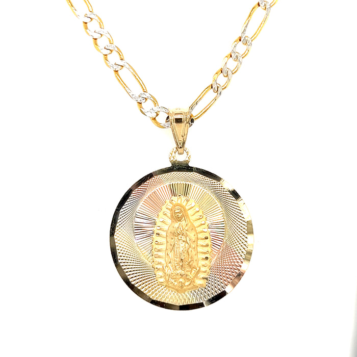 14k Gold Large Round Virgin Mary Pendant with Pavé Figaro Chain