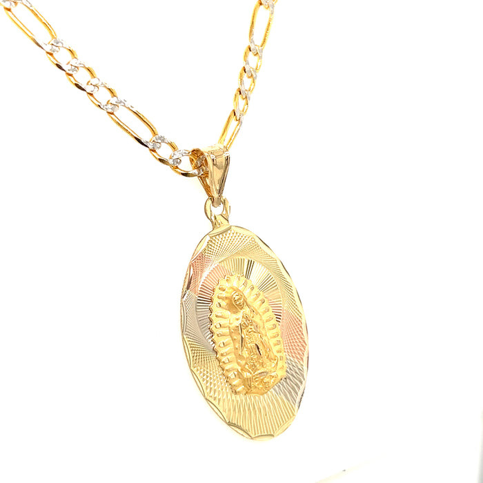 14k Gold Large Tricolor Oval Virgin Mary Pendant with Figaro Pavé Chain