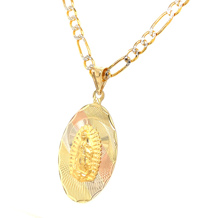 14k Gold Large Tricolor Oval Virgin Mary Pendant with Figaro Pavé Chain