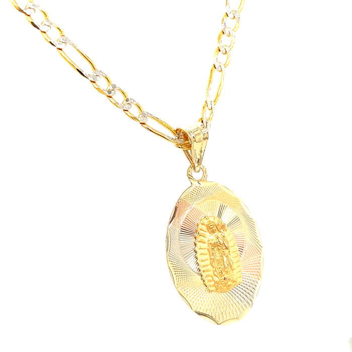 14k Gold Medium TriColor Oval Virgin Mary Pendant with Figaro Pavé Chain