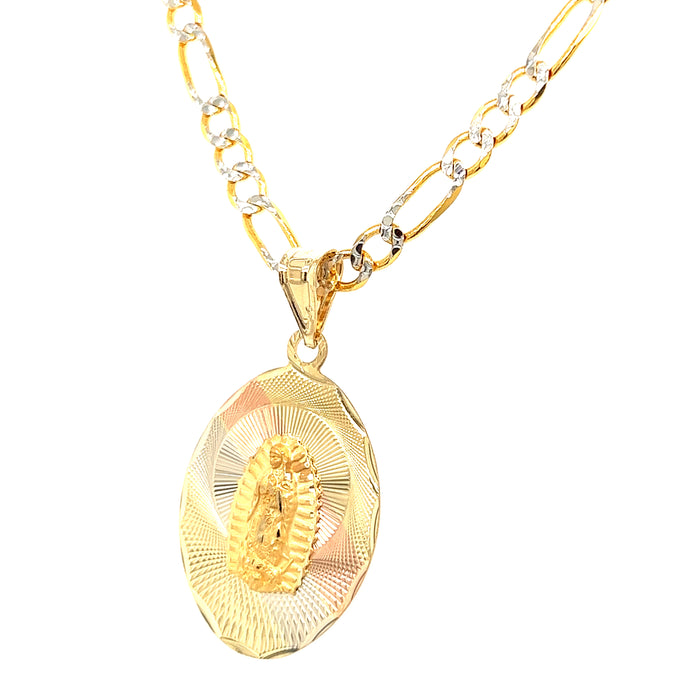 14k Gold Medium TriColor Oval Virgin Mary Pendant with Figaro Pavé Chain