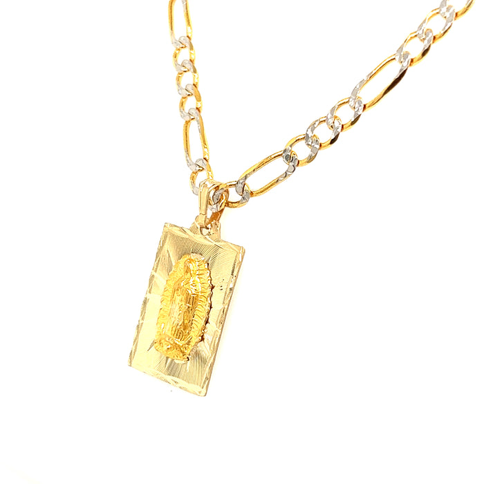 14k Gold Medium Virgin Mary Rectangular Pendant with Figaro Pavé Chain