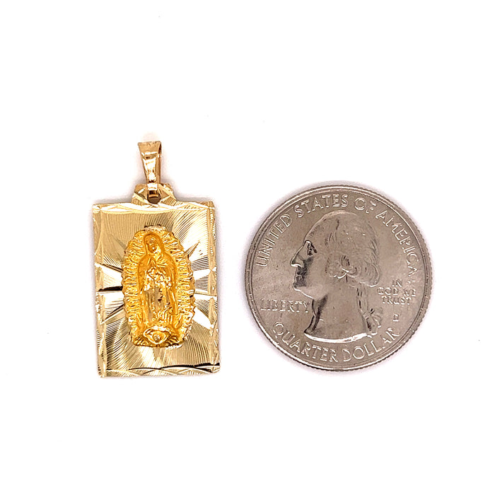 14k Gold Medium Virgin Mary Rectangular Pendant with Figaro Pavé Chain