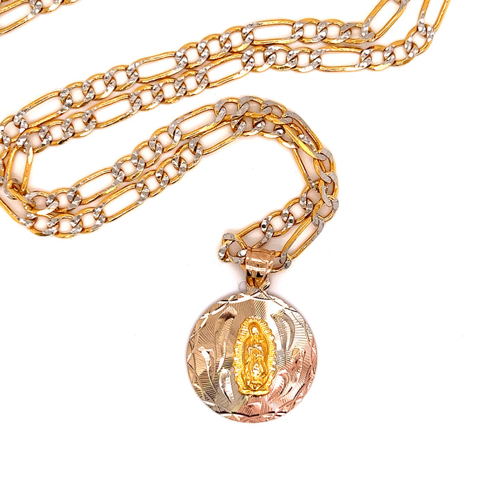 14k Gold Medium Round Virgin Mary Pendant with Figaro Pavé Chain