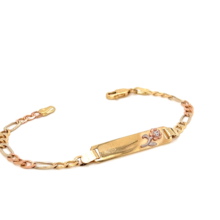 14k Kids Gold ID Bracelet with Gold Name Overlay and Gemstone Flower