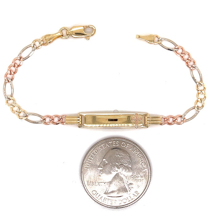 14k Kids Gold ID Bracelet with Gold Name Overlay and Cross